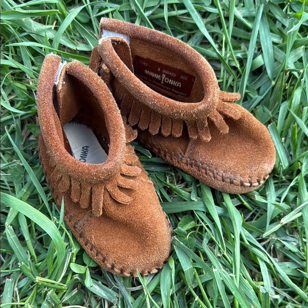 Minnetonka Brown Moccasins with Fringe Detail